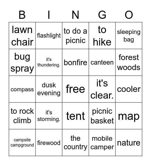 al acampar Bingo Card