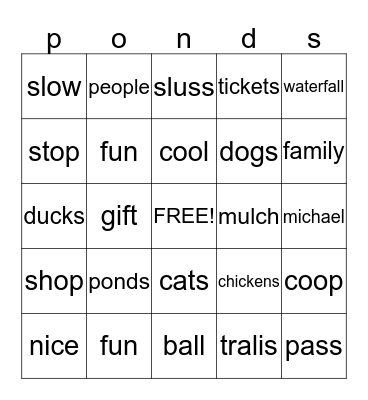 ponds Bingo Card