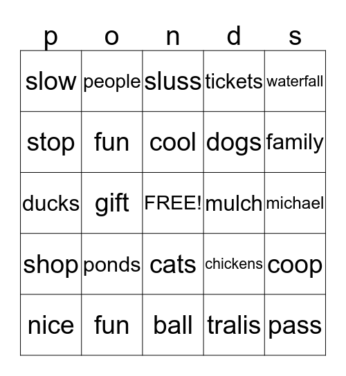 ponds Bingo Card