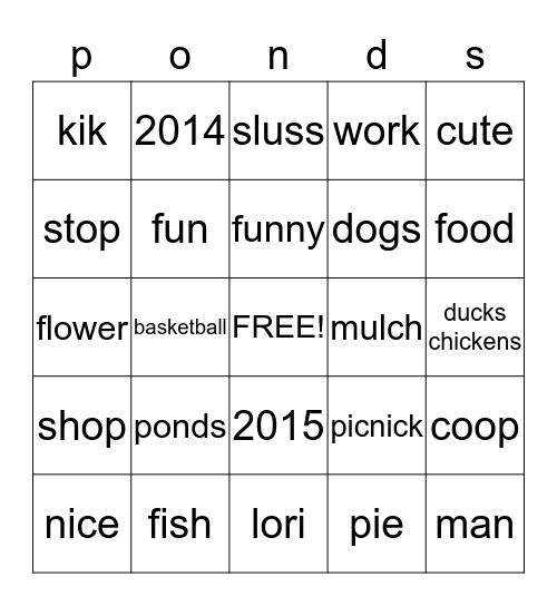 ponds Bingo Card