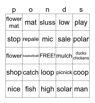 ponds Bingo Card