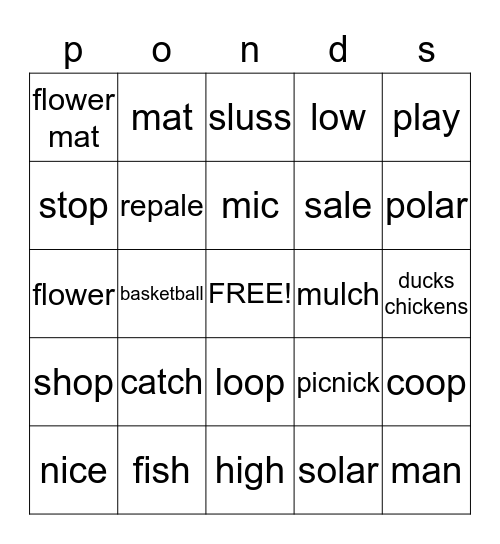 ponds Bingo Card