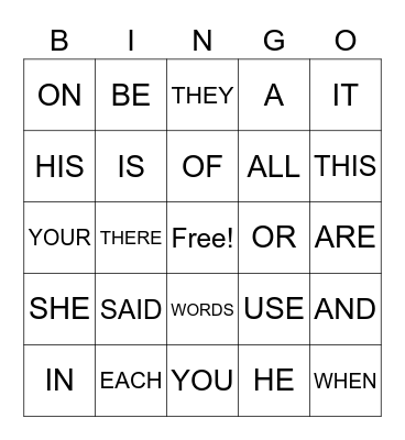 SIGHT WORDS Bingo Card