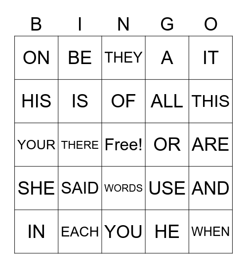 SIGHT WORDS Bingo Card