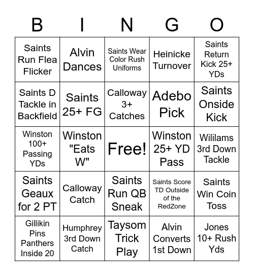 Saints Vs Washington Football Team Bingo Card