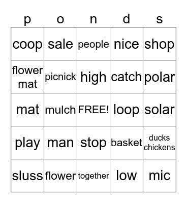 ponds Bingo Card