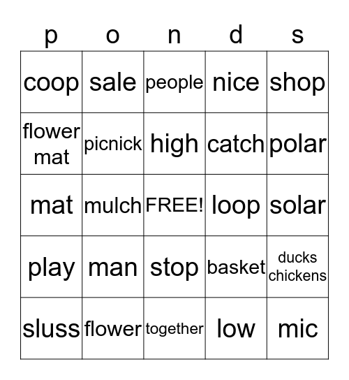 ponds Bingo Card