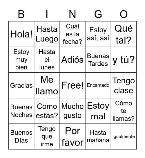 SPANISH GREETINGS - BINGO Card