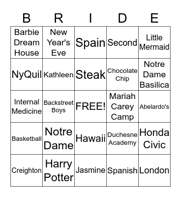 About the Bride Bingo Card