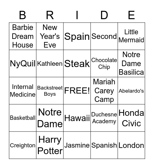 About the Bride Bingo Card