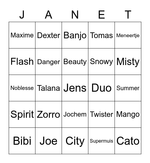 Super Bingo Janet 50! Bingo Card