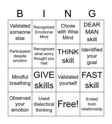 DBT SKILLs Bingo Card