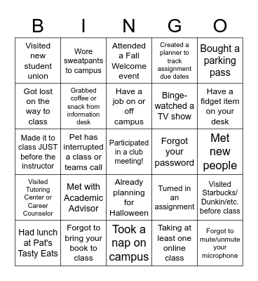 Back to School Bingo Card