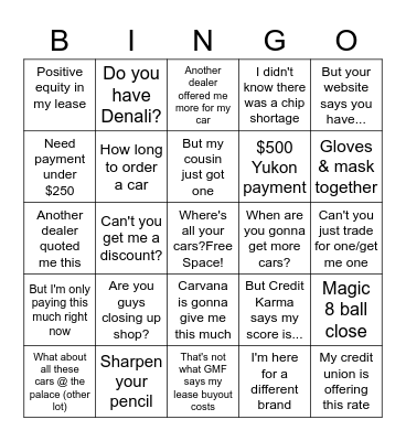 New Car Covid Bingo Card