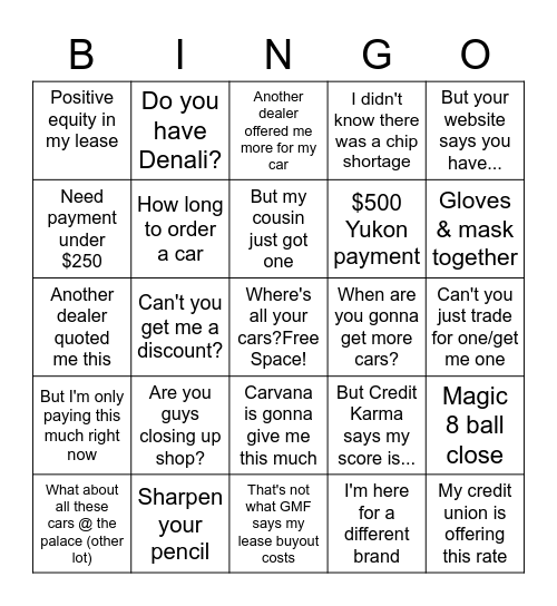 New Car Covid Bingo Card