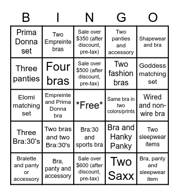 BraBar Bingo Card