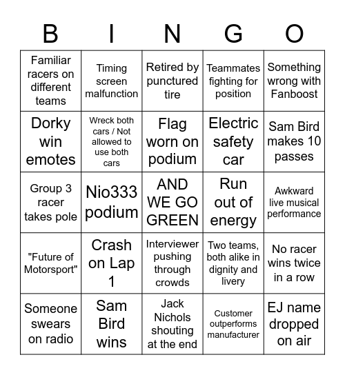 FORMULA E Bingo Card