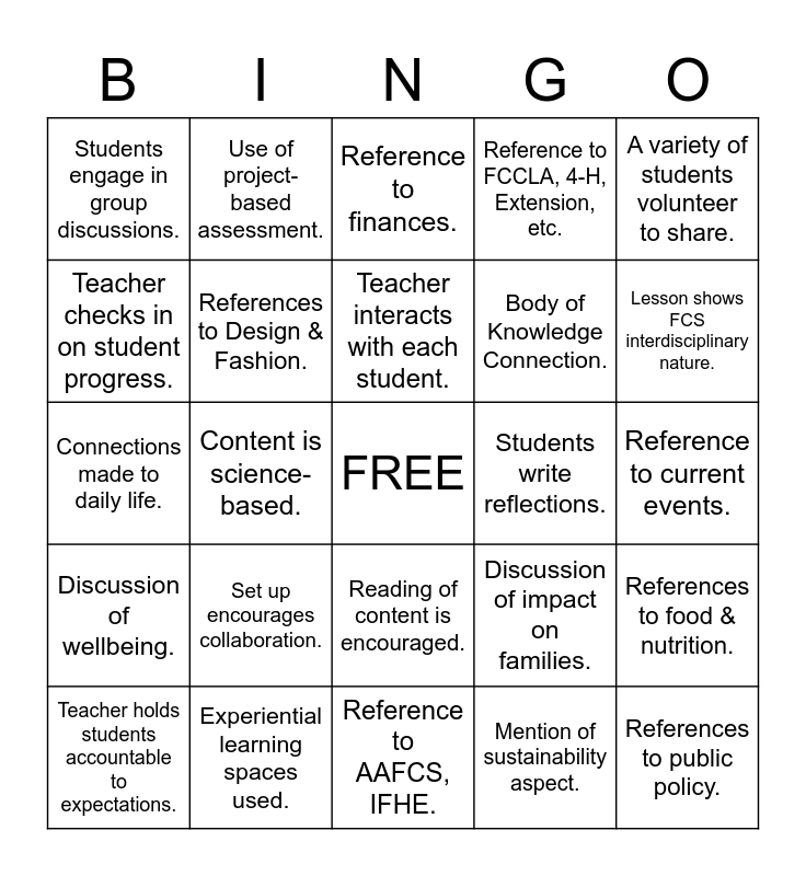 FCS Classroom Observation BINGO Card