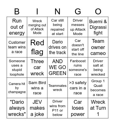 FORMULA E Bingo Card