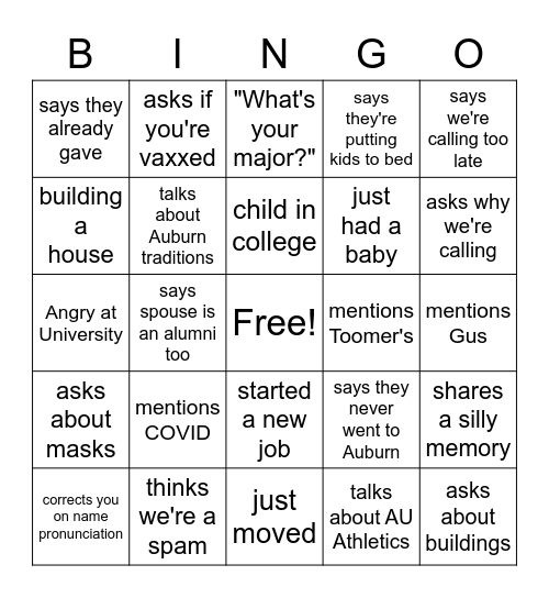 Things Prospects Say Bingo Card