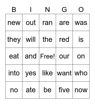 Sight Words Bingo Card