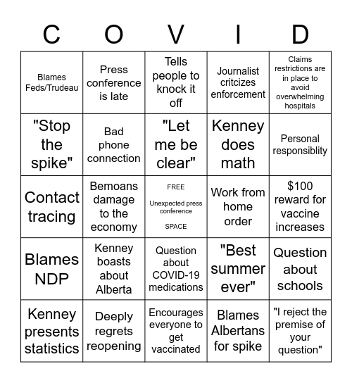 Kenney's Presser Bingo Card