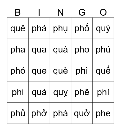 Tiếng Việt Bingo Card