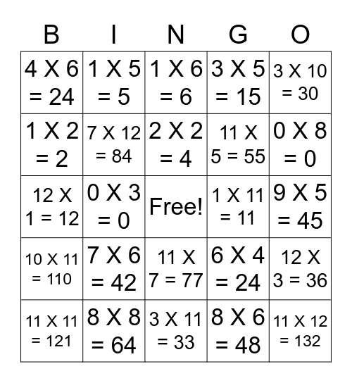 Mutlrplication Bingo Card