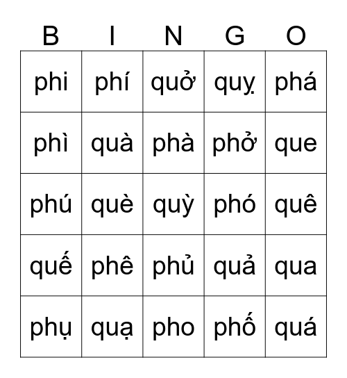 Tiếng Việt Bingo Card