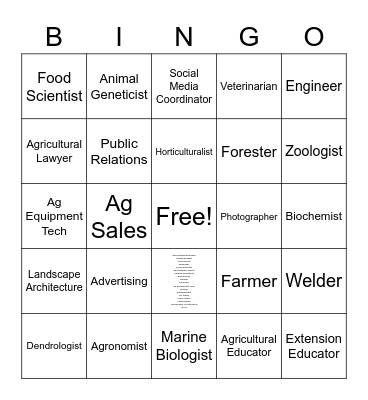 Ag Careers Bingo Card