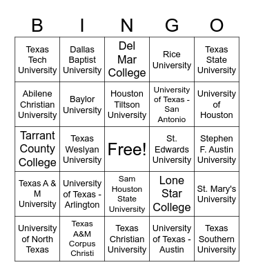 University/College Bingo Card
