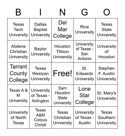 University/College Bingo Card