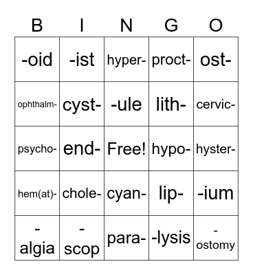 Chapter 2 Medical Terms Bingo Card
