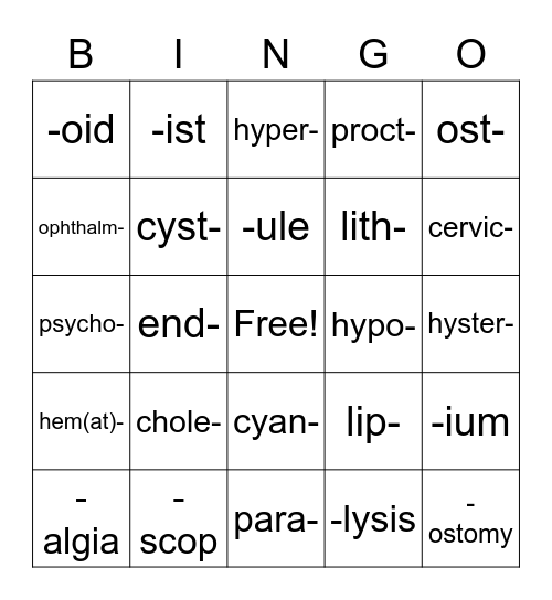 Chapter 2 Medical Terms Bingo Card