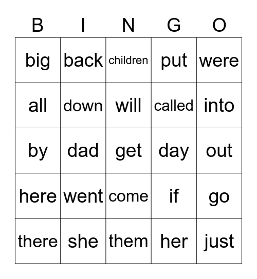 High Frequency Word Bingo Card