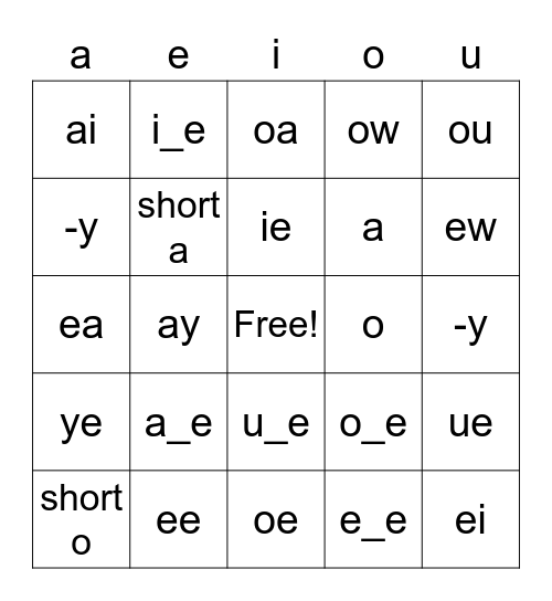 Vowel Sounds BIngo Card