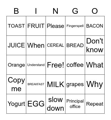 Breakfast food and survival signs Bingo Card