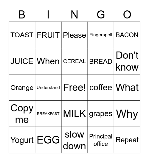 Breakfast food and survival signs Bingo Card