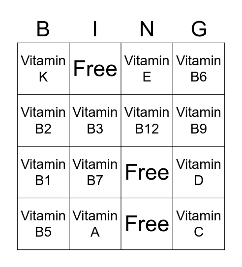 Vitamin Bingo Card