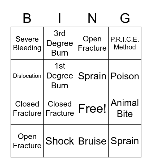 Sudden Illnesses/Common Injuries Bingo Card