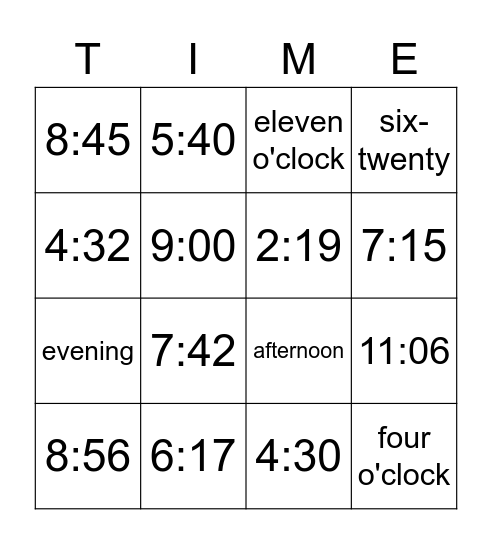 Time Bingo Card
