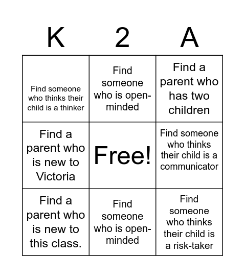 K2A Parents Meeting Bingo Card