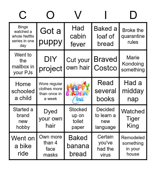 COVID - 3 October 2021 Bingo Card
