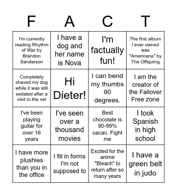 Fun Facts Bingo Card