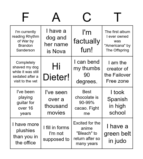 Fun Facts Bingo Card