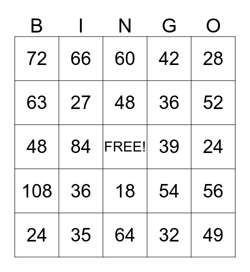 Mental Math Bingo Card