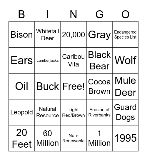 MN Wildlife/Mammals Bingo Card