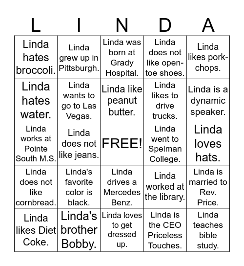 First Lady Linda Price Bingo Card