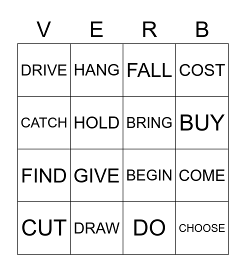 VERBS - ACTION WORDS Bingo Card