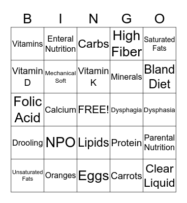 Nutrition Bingo Card